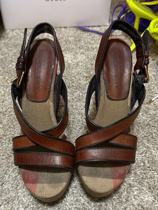 Burberry Tan, Brown and Black Canvas Slingback Wedges - Picture 2 of 7
